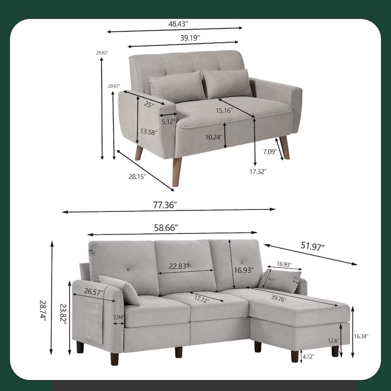 3 Pieces Living Room Set with Storage Ottoman
