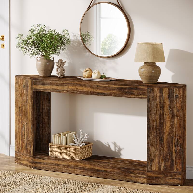  63" Light Wood Console Table with LED & Outlet, Sofa Table - Large
