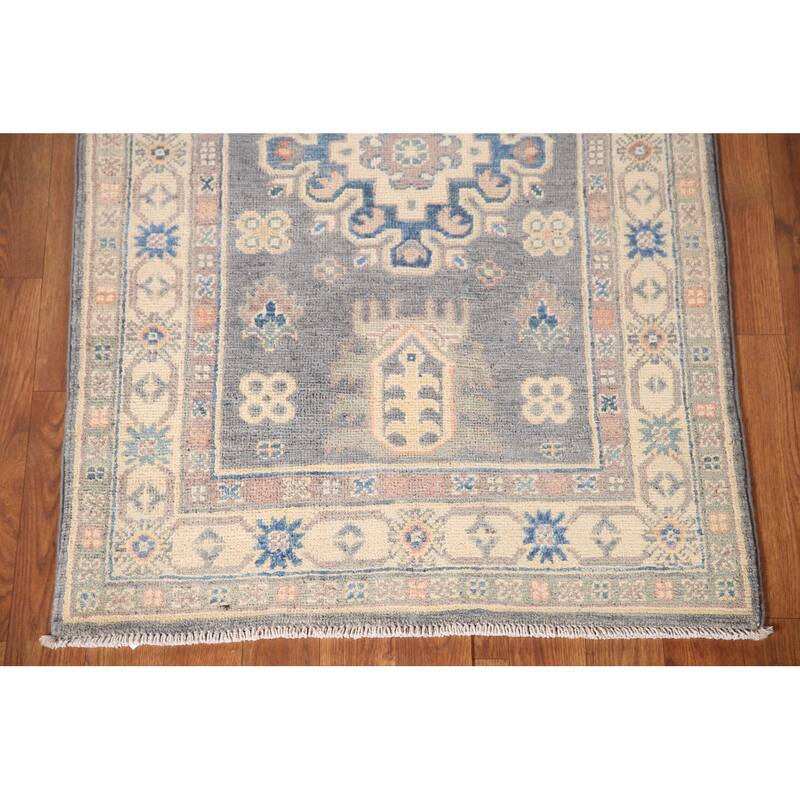Geometric Gray Kazak Accent Rug Wool Carpet - 2'7" x 4'1"