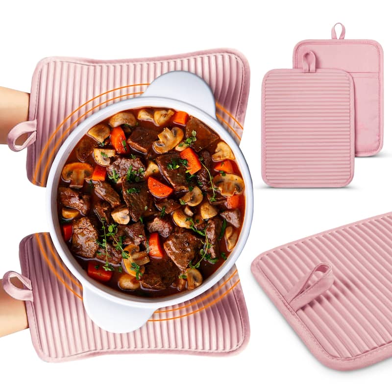 Cheer Collection Ribbed Silicone Pot Holders 2 Pack Cotton Lined - Pink