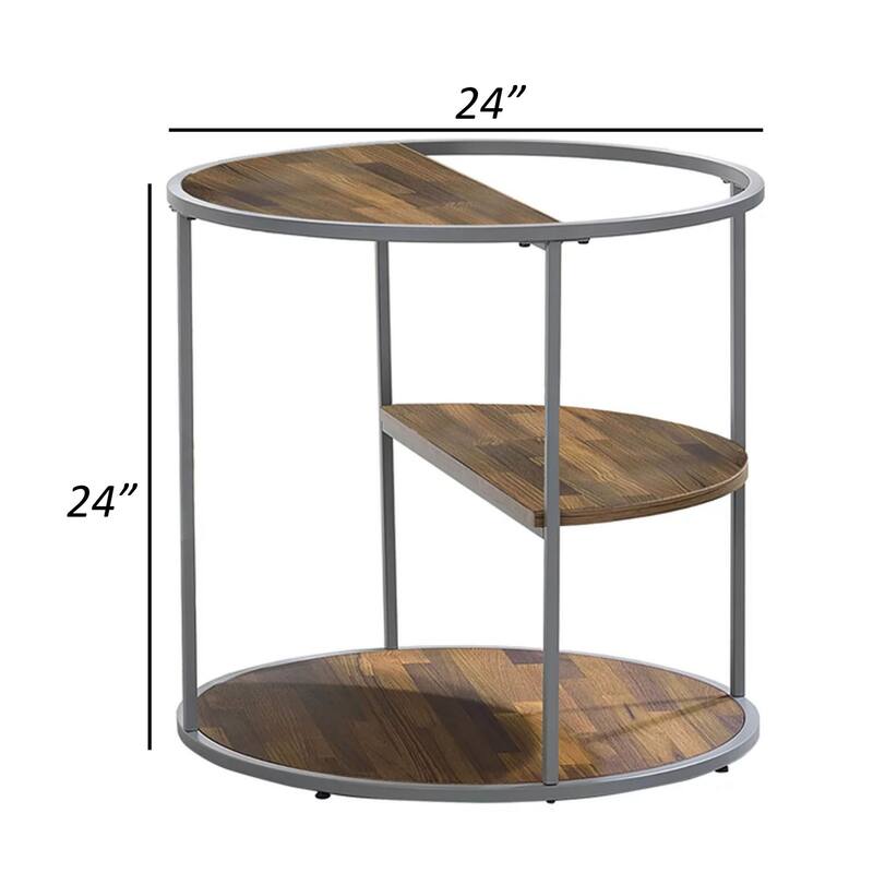 Lenn 24 Inch 3 Tier Round Brown Side End Table, Half Shelf, Gray Frame