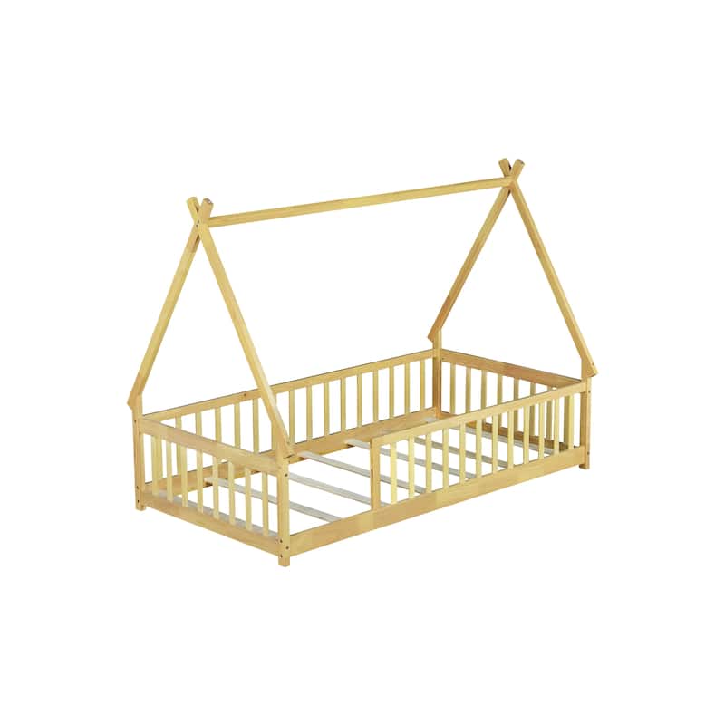 Twin Size Tent Shaped Floor Bed with Guardrails Rubber Wood Low Profile Design