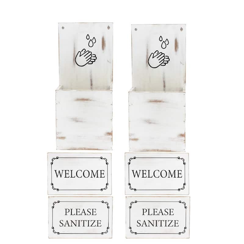 HomeRoots Set of Two White Solid Wood Welcome And Please Sanitize Porch Container Signs
