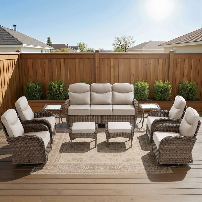 Luna 9-Piece Wicker Patio Conversation Set with Swivel Gliders and 6-Inch Thick Olefin Cushions
