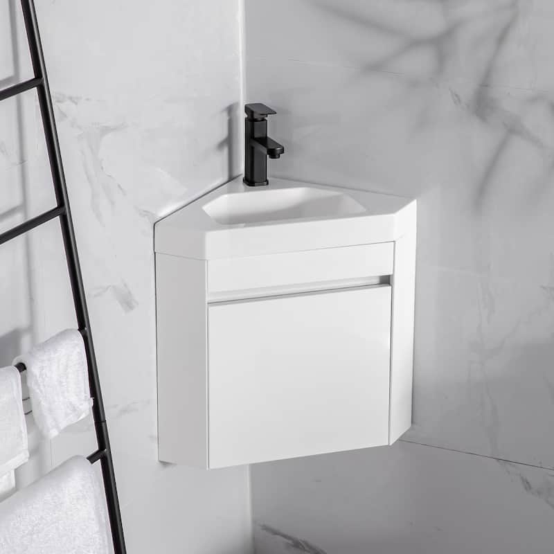 Wall Mounted Corner Bathroom Vanity Sink Combo for Small Space - White