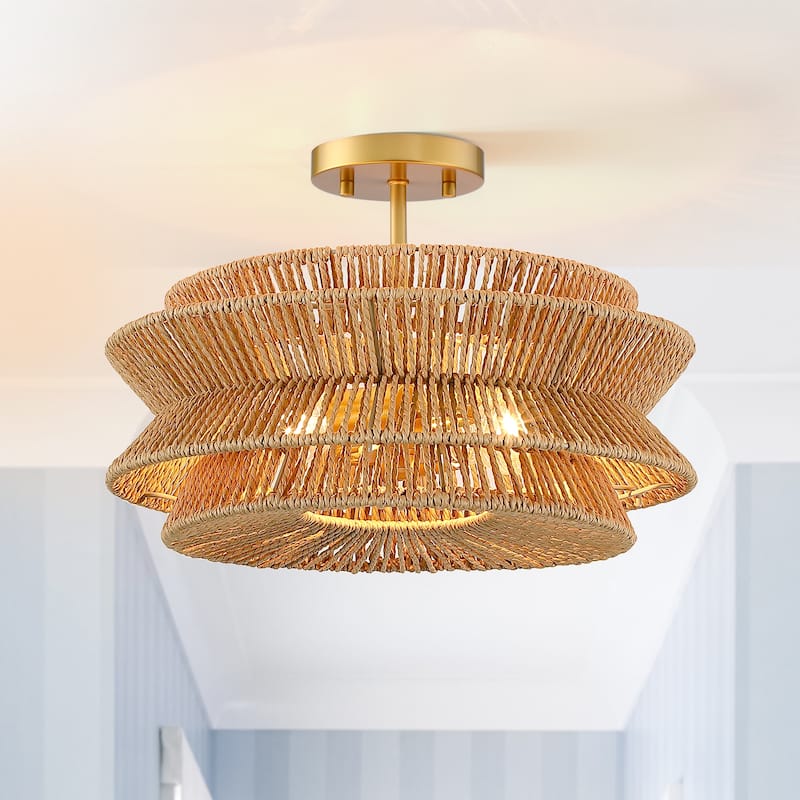 Silvia 2-Light Bohemian Woven Rope Semi-Flush Mount Ceiling Light - 16 in. W - Brown