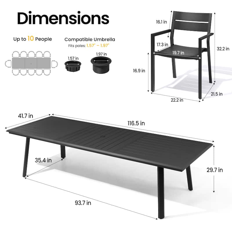 7/9/11/13-Piece Patio Dining Set Outdoor All-Weather Aluminum Dining Table with Umbrella Hole and Stackable Chairs