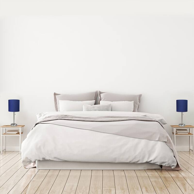 19.5 in. Brushed Steel Finish Table Lamp with Blue Shade, Durable Stick Lamp for End/Side Tables, Set of 2