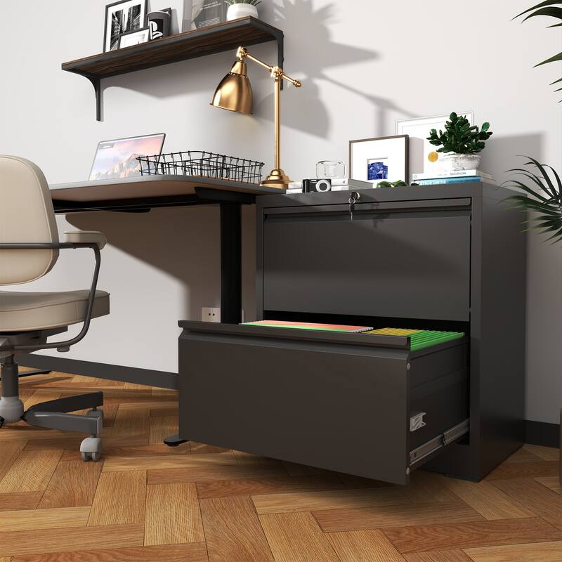 Modern File Cabinet Lateral File Cabinet with 2 Drawers, Silent Slides and Locks, for Home Office, Black