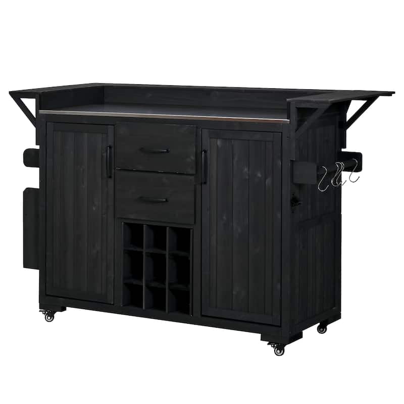 60" Rolling Outdoor Kitchen Island with Stainless Steel Top, Wood BBQ Prep Cart with Wine Rack & Drawers