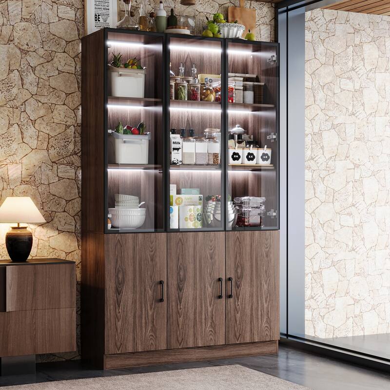 Bookshelves Bookcase Modular Glass Display Cabinet with LED Lights, Dark Wood Storage Combination Cabinet System - 47.2"W(Only)