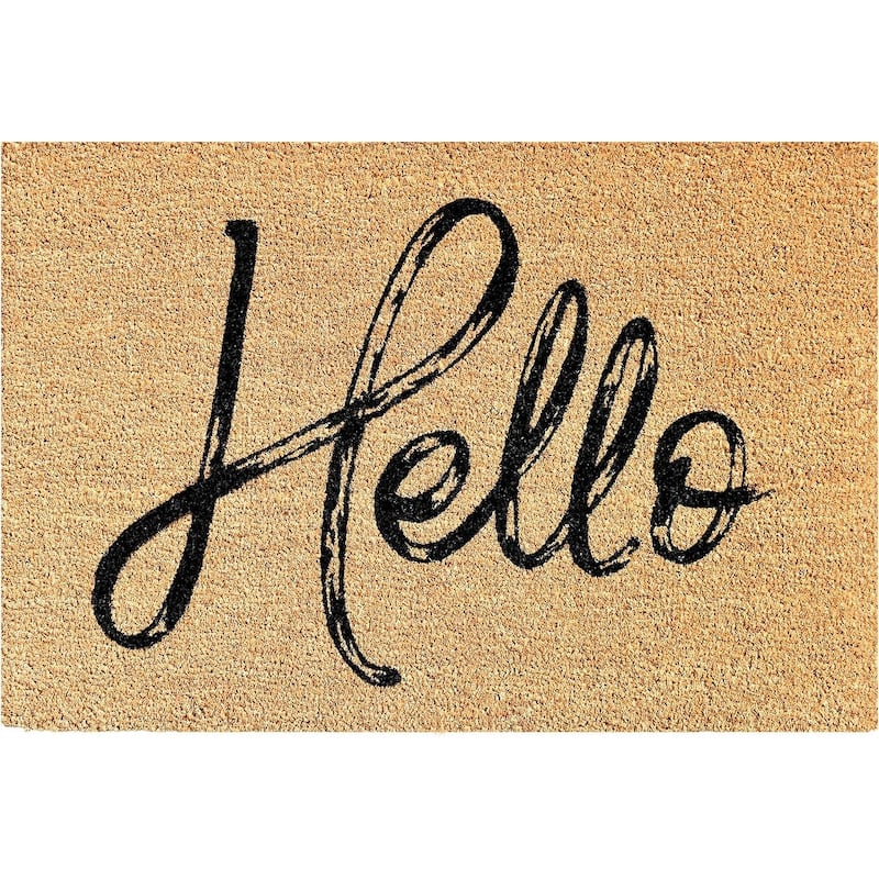 HomeRoots 24" X 36" Natural And Black Hello Distressed Outdoor Coir Door Mat - 24' X '36