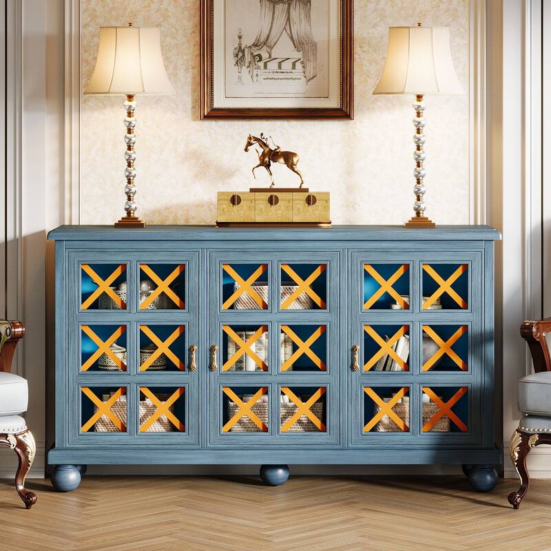 Blue Sideboard Buffet Cabinet with Storage and Doors for Living Room