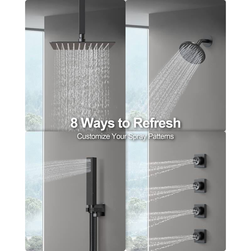 GRANDJOY Dual Shower Heads 12" Ceiling and 6" Wall Mount Body Jets Handheld Shower Spray Rainfall Shower Faucet Set