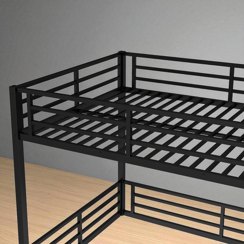 Metal Bunk Bed Twin XL/Full XL/Queen Over Queen, Heavy-Duty Low Bunk Frame with Guardrails and Quiet Design