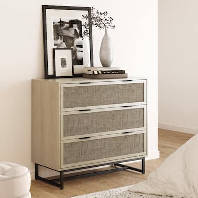Kova 3-Drawer Rattan Dresser or Bohemian Living Room Storage Cabinet with Textilene Rattan Accent and Metal Legs