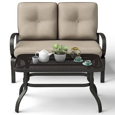 2PCS Patio Furniture Set with Loveseat Bench and Coffee Table
