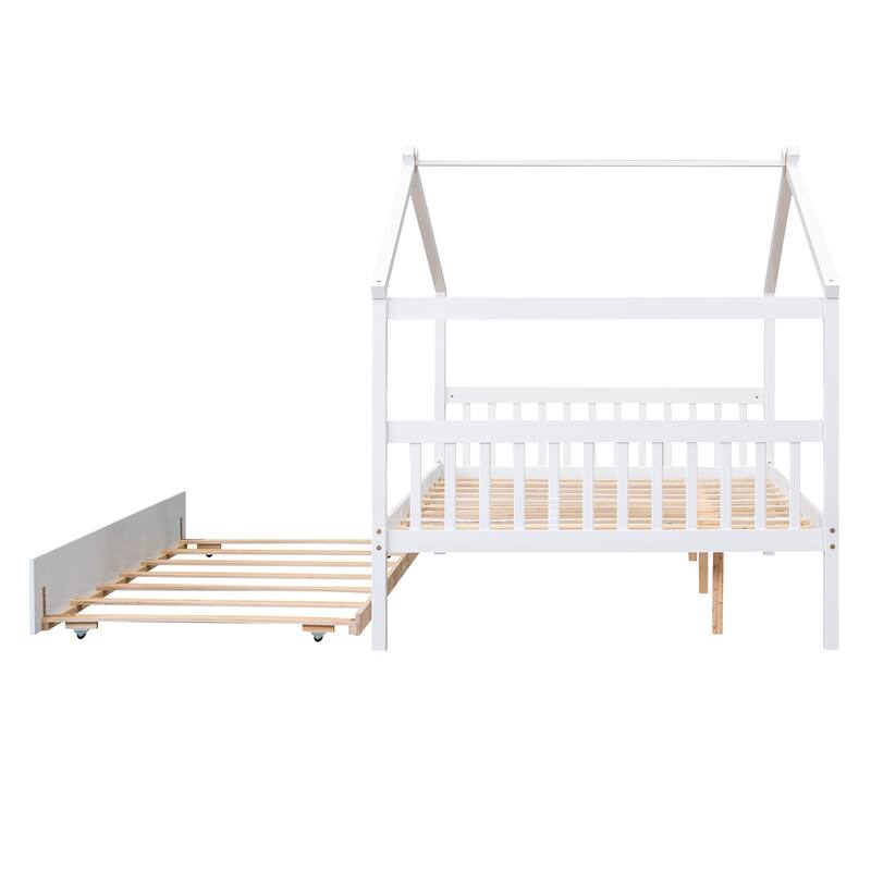Full Size Wooden House Bed with Twin Size Trundle