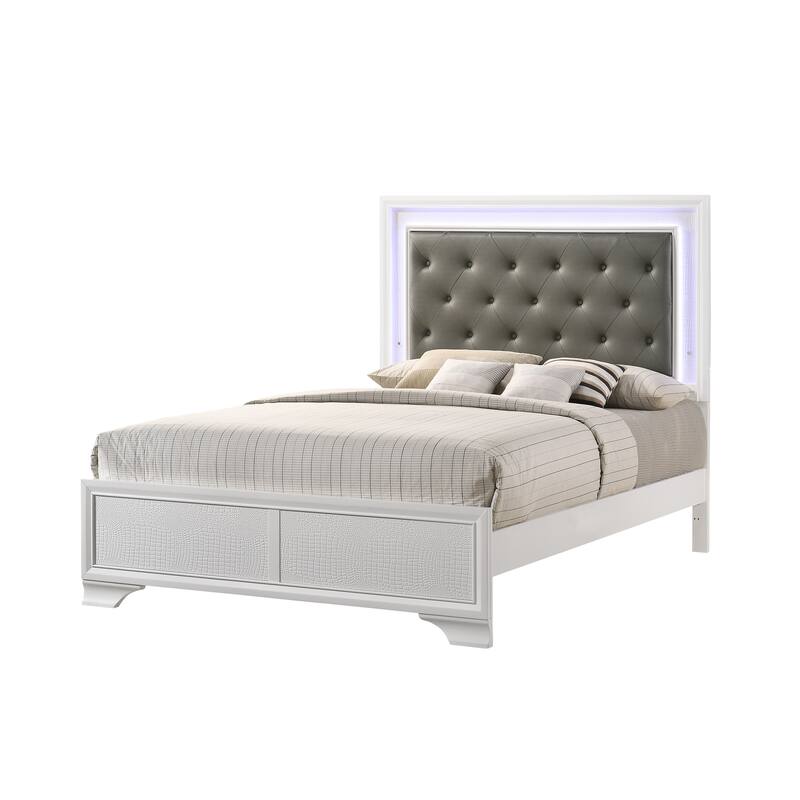 Queen Size Solid Wood Panel Bed with LED Headboard and Diamond Tufting - White