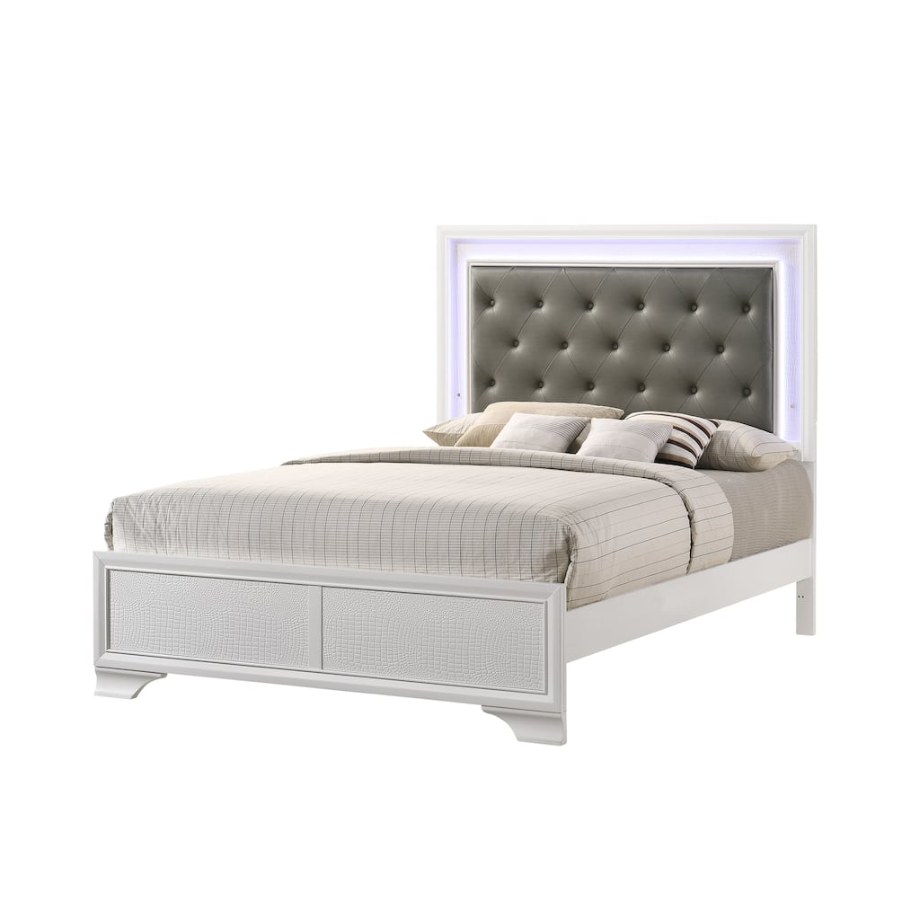 Queen Size Solid Wood Panel Bed with LED Headboard and Diamond Tufting