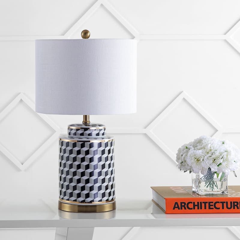 Vienna 24.5" Tumbling Block Ceramic/Metal LED Table Lamp, Black/White by JONATHAN Y