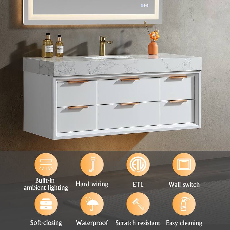 36/48/60 Modern Floating Bathroom Vanity with Sinle/Double Sink & Soft-Close Drawers & LED Lighting & Waterproof, White