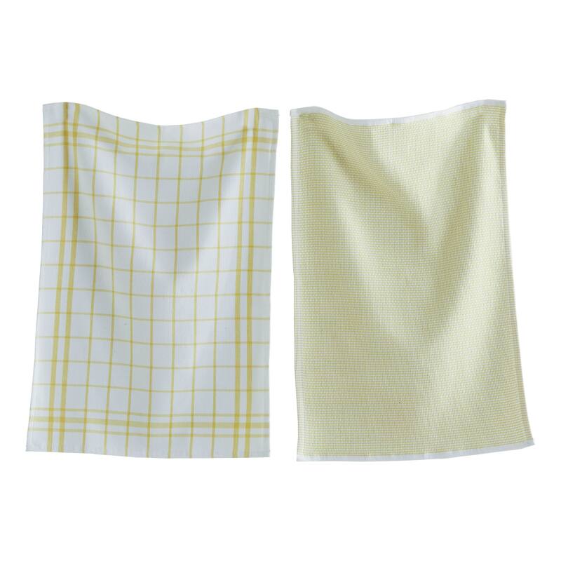 26L"x18W" Classic Yellow Cotton Set of 2 Checked and Solid Terry Cloth Dishtowel Kitchen Towel Yellow Machine Washasble
