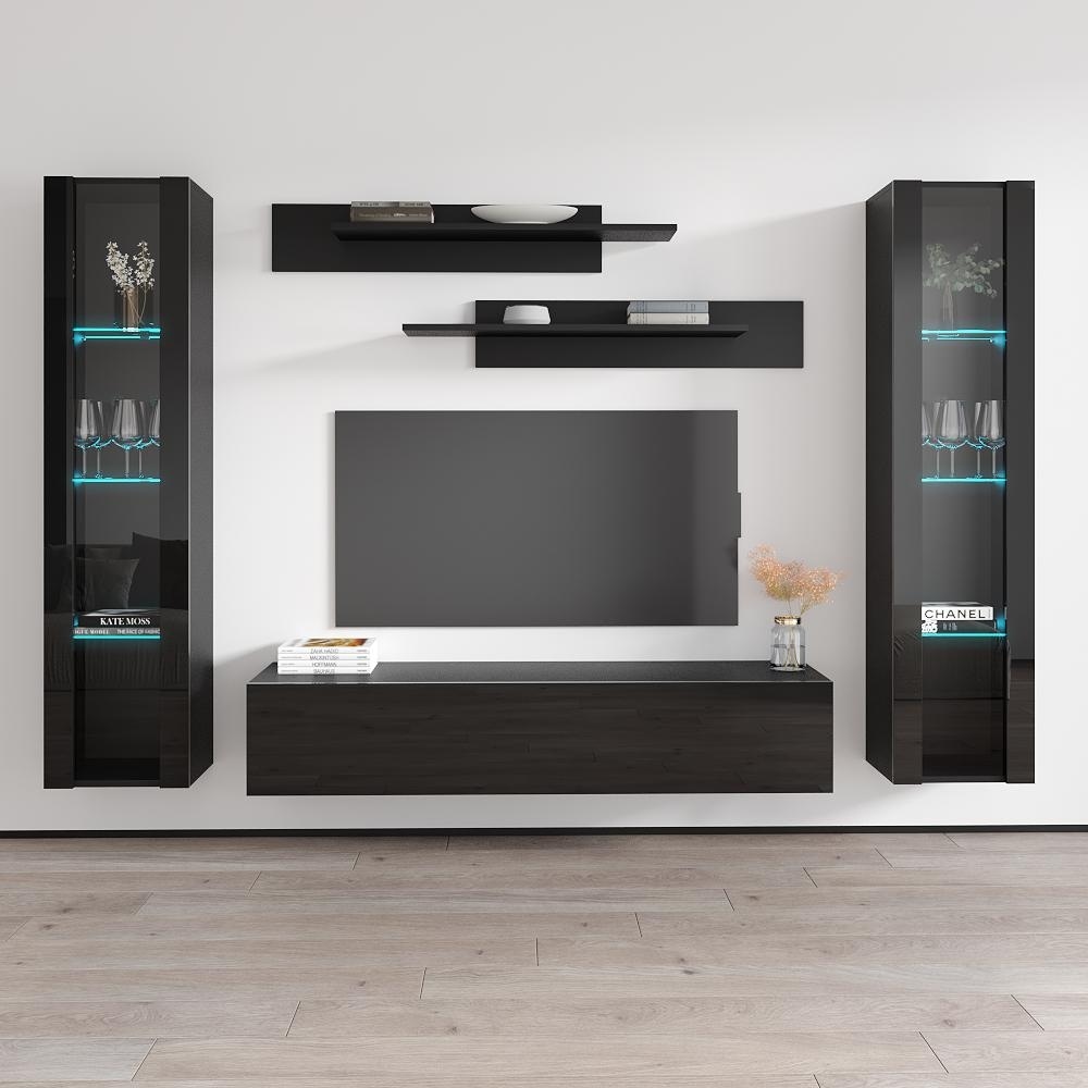 Meble Furniture Fly AB2 30TV Wall-Mounted Floating Ent Center w/LED - 5-Piece Set 67"H x for 90" for up to 90" TVs