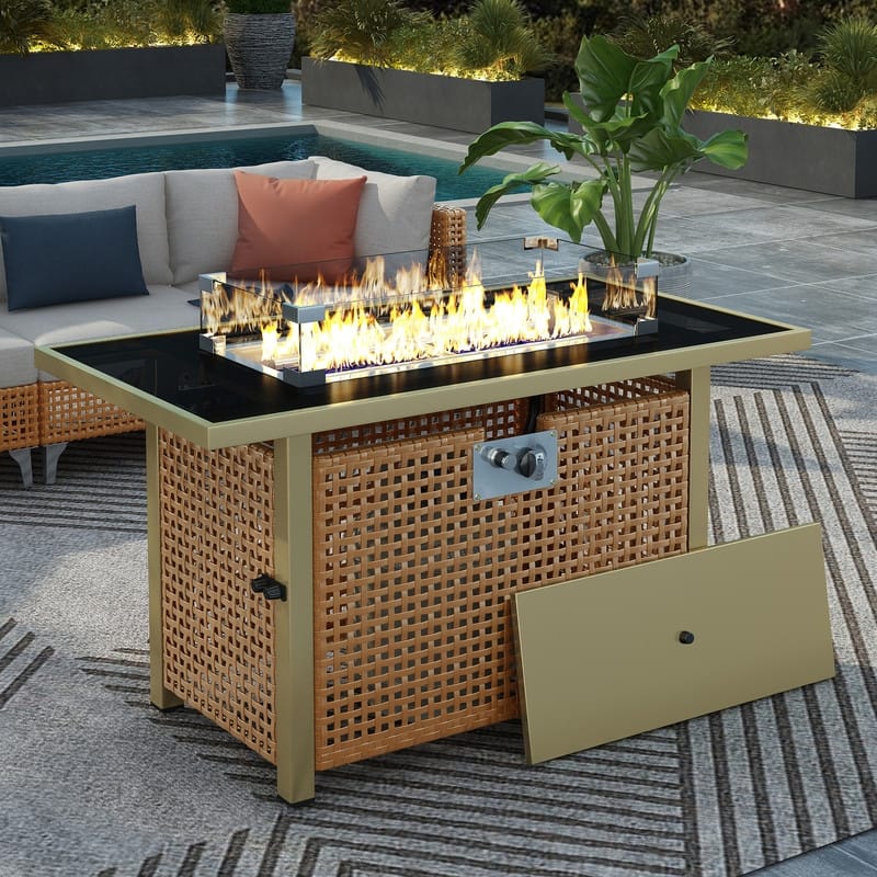 43" Propane Gas Fire Pit Table, 60000 BTU Rectangular Open Weave Wicker Fire Pit with Glass Wind Guard - orange-yellow