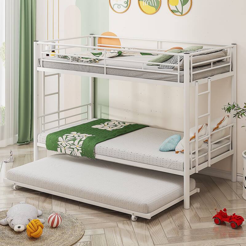 VECELO Twin Over Twin Metal Bunk Bed Frame for Kids Teens, Heavy Duty Noise-Free Platform Bed, Storage Space - White(Bunk Bed with Trundle)