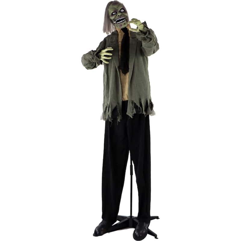 Haunted Hill Farm Life-Size Animatronic Zombie with Lights and Sound, Indoor or Covered Outdoor Halloween Decoration