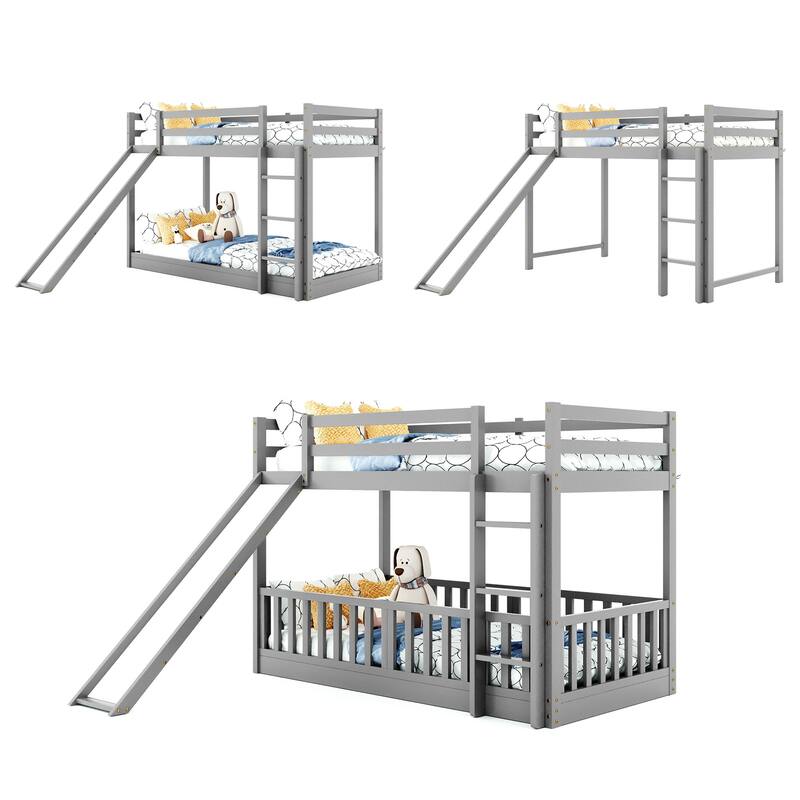 Solid Wood Twin Over Twin Bunk Bed for Kids with Slide and Ladder, Low Floor Twin Bunk Beds with Safety Guardrails, Noise Free