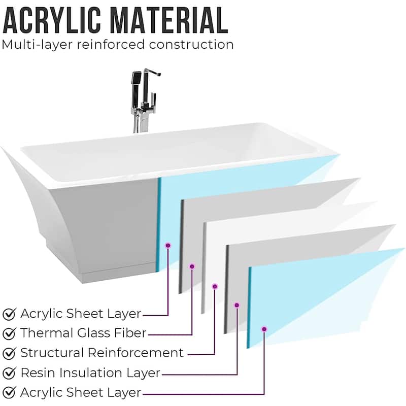 Vanity Art 59" Freestanding Acrylic Soaking Bathtub with Slotted Overflow & Pop-up Drain