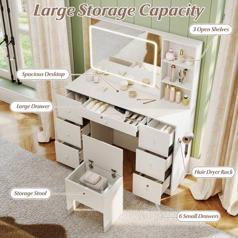 Vanity Desk and Stool Set with Lighted Mirror Built in Charging Station and Large Storage Drawers White - 46" x 16" x 56"
