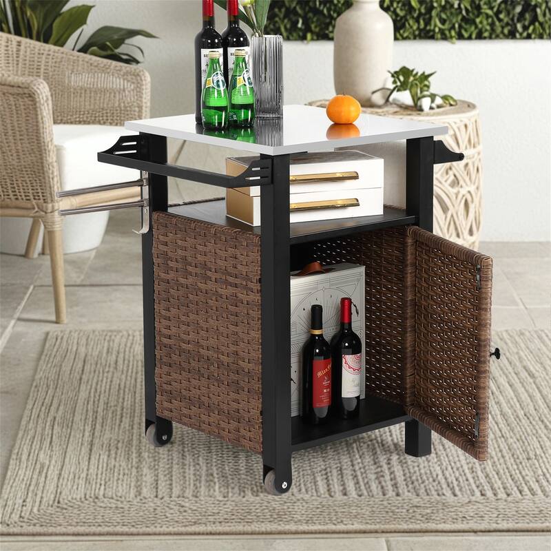 Outdoor Wicker Rolling Island w/ Stainless Steel Extended Top,Handle