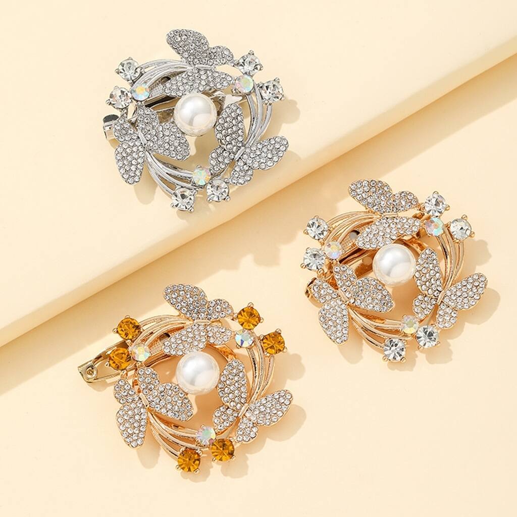 Elegant Faux Pearl Rhinestone Scarf Buckle Brooch For Women Versatile Circle Leaf Pin For Parties Weddings Gifts - no
