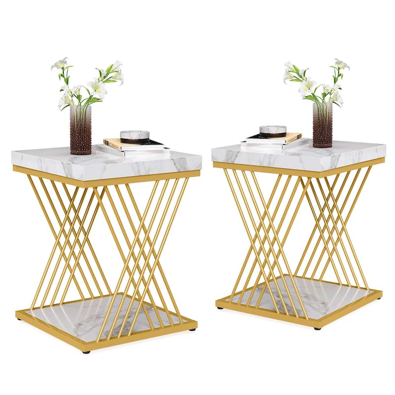 Square Side End Table for Living Room, Nightstand for Bedroom - 2PCS - Faux Marble White+Gold