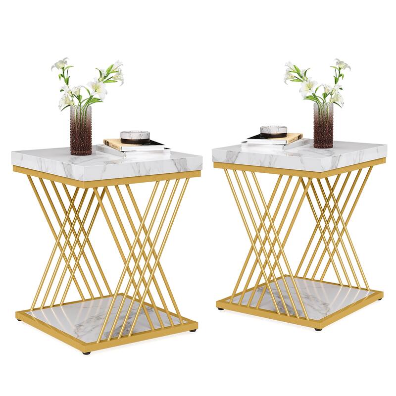 Square End Side Table for Living Room （Set of 2） - White+Gold