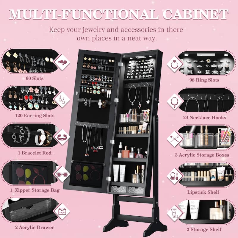 Furniwell Jewelry Mirrored Cabinet Mirror w/Built-in Lights Armoire Organizer Storage Box