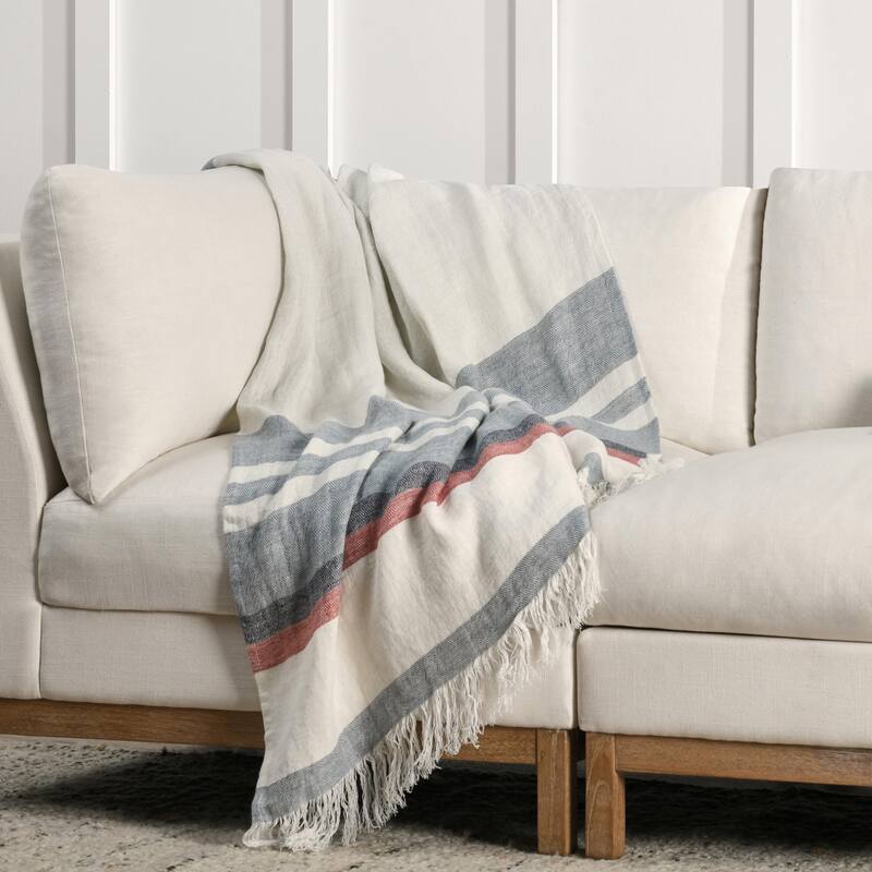 Villa by Classic Home Taylor 100% Belgian Linen Green Multicolor Throw Blanket
