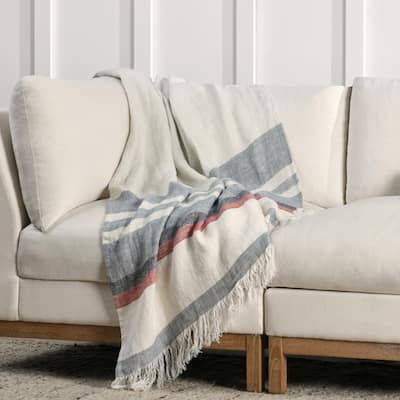 Villa by Classic Home Taylor 100% Belgian Linen Green Multicolor Throw Blanket