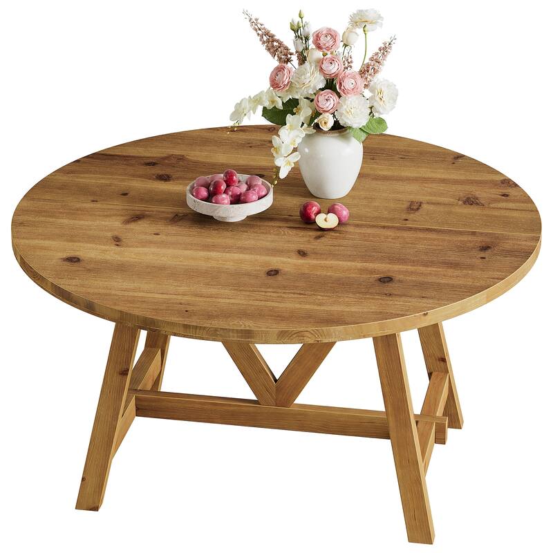 Solid Wood Dining Table, 63" Farmhouse Round Kitchen Table for Dining Room