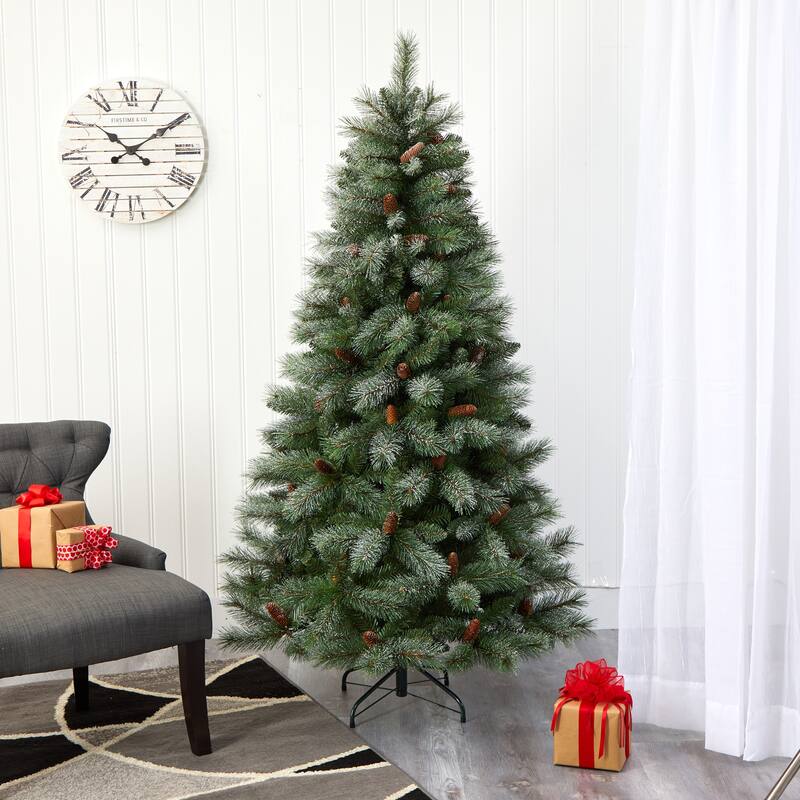 6’ Snowed French Pine Artificial Christmas Tree with Pinecones, Unlit - 6 Foot