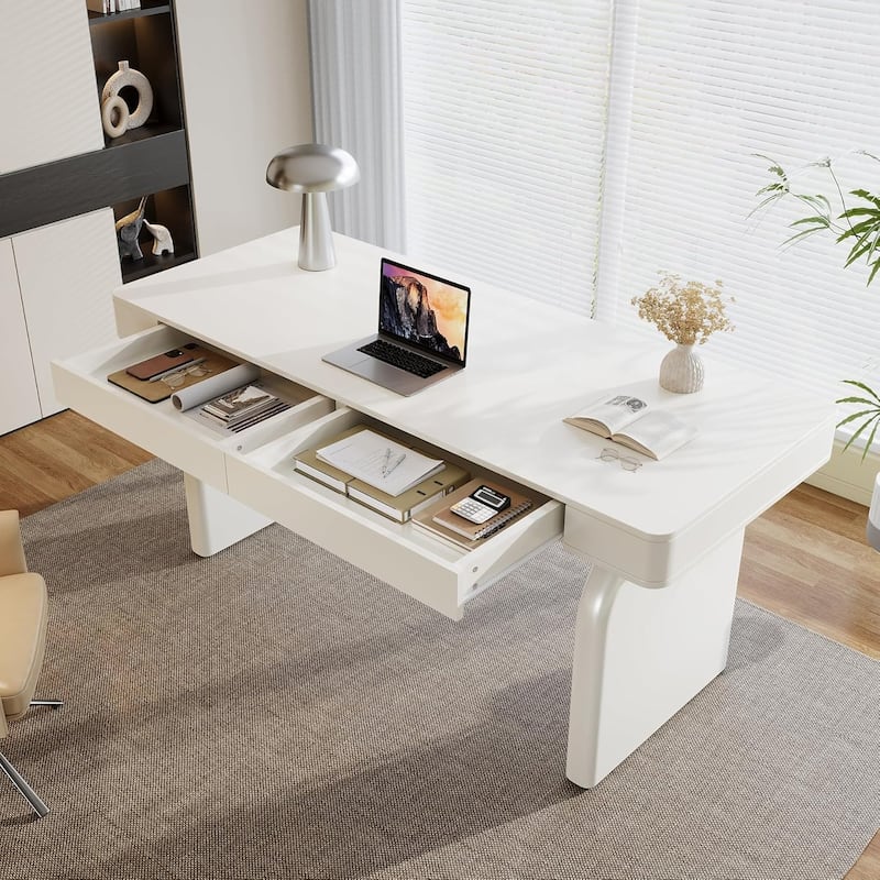 63-Inch White Desk with Drawers, Modern Elegant Glossy Executive Office Desk