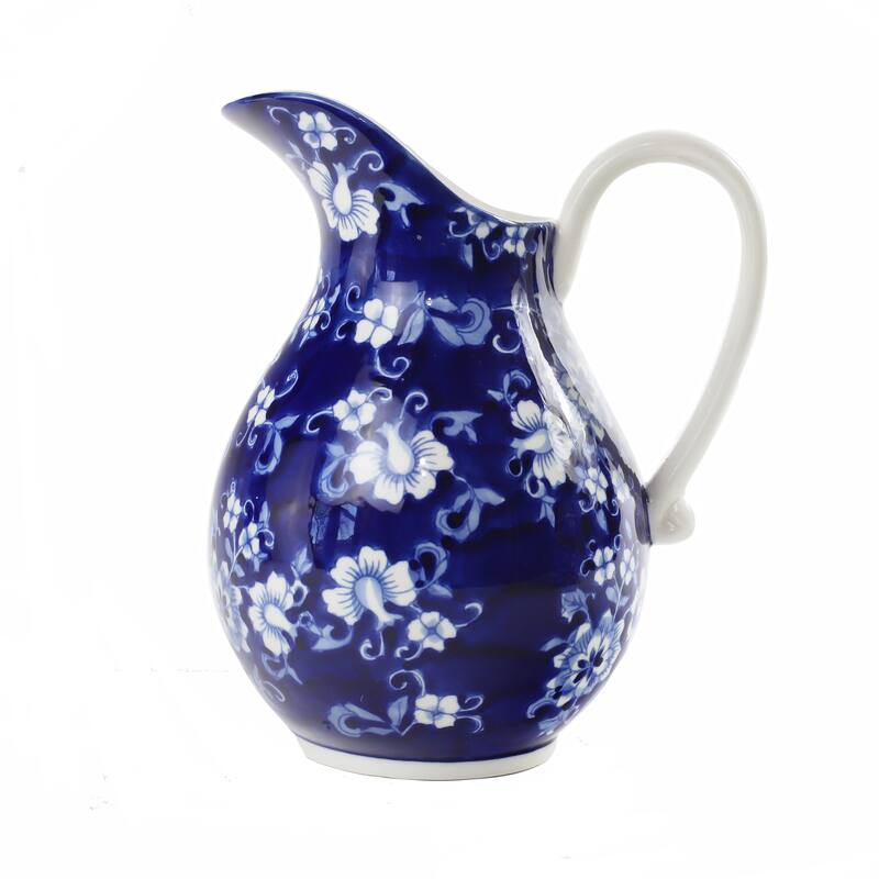 Euro Ceramica Blue Garden Stoneware Hand-painted 2.7 LT Pitcher with Handle - 8.7 in. x 7.1 in. x 10 in. - 8.7 in. x 7.1 in. x 10 in. - Blue & Off-White