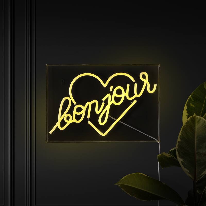 Bonjour Heart 15" X 10.3" Contemporary Glam Acrylic Box USB Operated LED Neon Light, Yellow by JONATHAN Y - 15" X 10.3"
