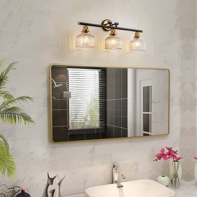 3-Light Black and Gold Bathroom Vanity Light with Clear Glass Shades, Modern Wall Sconce Fixture