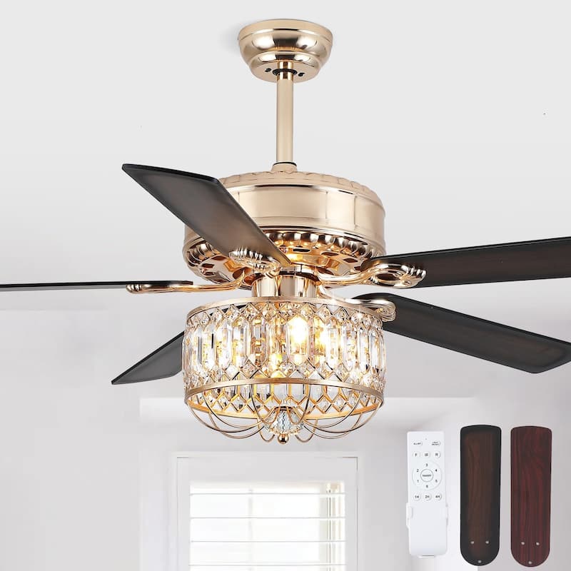 52" Modern Crystal Ceiling Fan Chandelier with Remote,2 Bulbs,Reversible DC Motor,5 Plywood Blades - 52 Inches - Gold