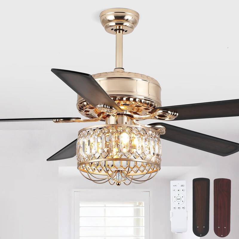 52" Modern Crystal Ceiling Fan Chandelier with Remote,2 Bulbs,Reversible DC Motor,5 Plywood Blades - 52 Inches