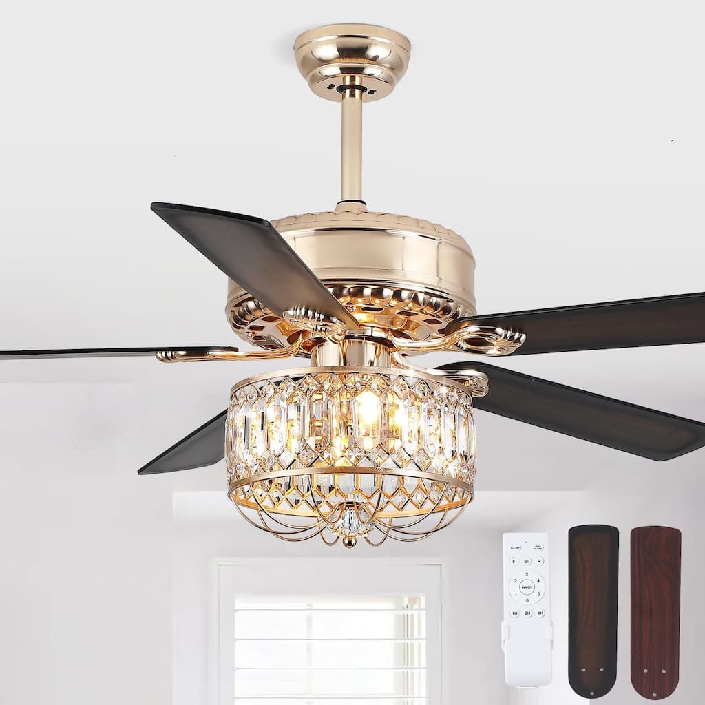 52" Modern Crystal Ceiling Fan Chandelier with Remote,2 Bulbs,Reversible DC Motor,5 Plywood Blades - 52 Inches